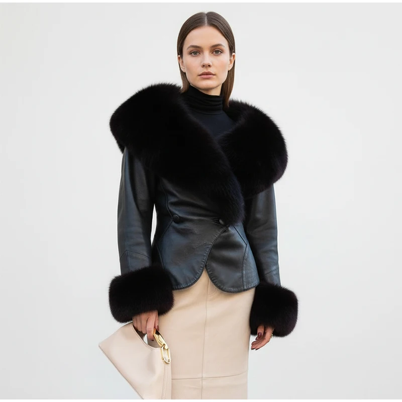Black Fur Collar Leather Jacket Women Chic Solid Full Sleeves Waist Cinching V-neck Short Coat 2026 Lady High Street Outerwear