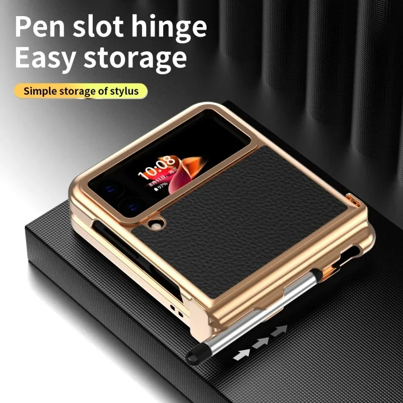 Plating PC Leather Case For Samsung Z Flip 6 5 4 Luxury Hinge Protective Folding Cover for Samsung Galaxy Z Flip 3 5 Touch S Pen