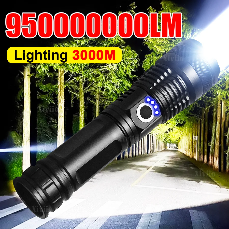 

Мощный светодиодный фонарь 9500000 лм, перезаряжаемый, на аккумуляторе 18650, высокая мощность, дальность 3000 м, тактический фонарь, кемпинговый фонарь