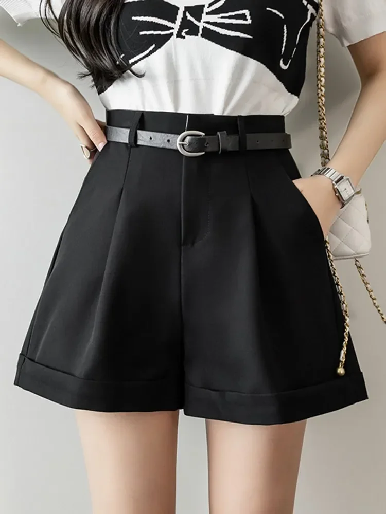 Elegant Fashion England Style Women Shorts Summer 2024 High Waist Solid Color All-match Suit Short Pants With Belt Female Z867