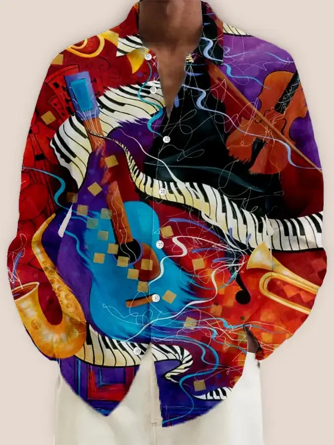 2025 New Men's 3D Musical Instrument Fashion Print Single-breasted Long-sleeved Shirt Casual Shirt Men's Loose Lapel Long Sleeve
