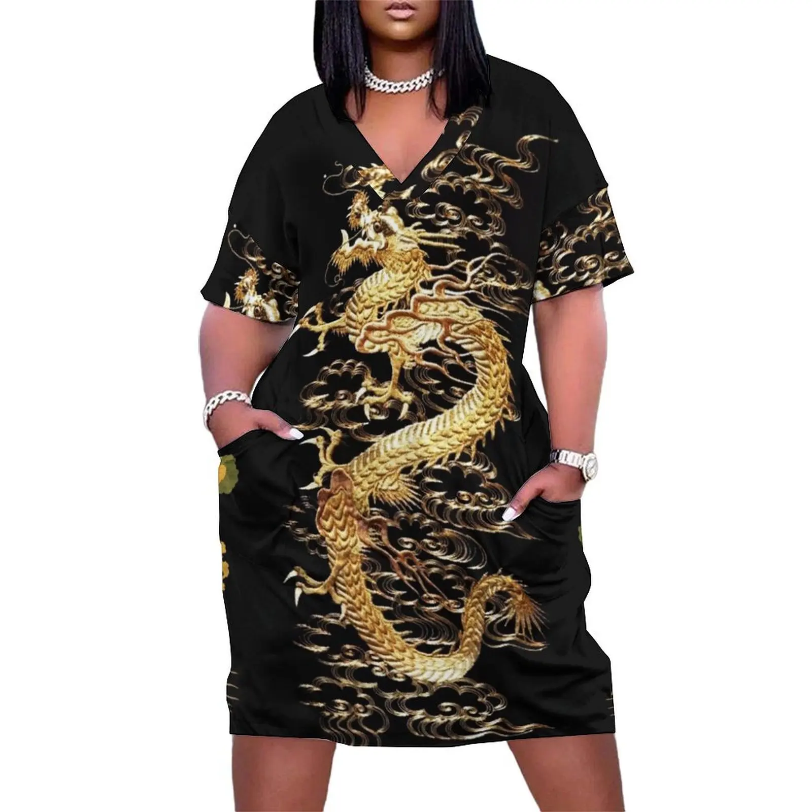 

GOLD DRAGON IN BLACK,Egret,Lotus,Green Gold Floral Loose Pocket Dress birthday dress for women luxury 2024 Clothing female