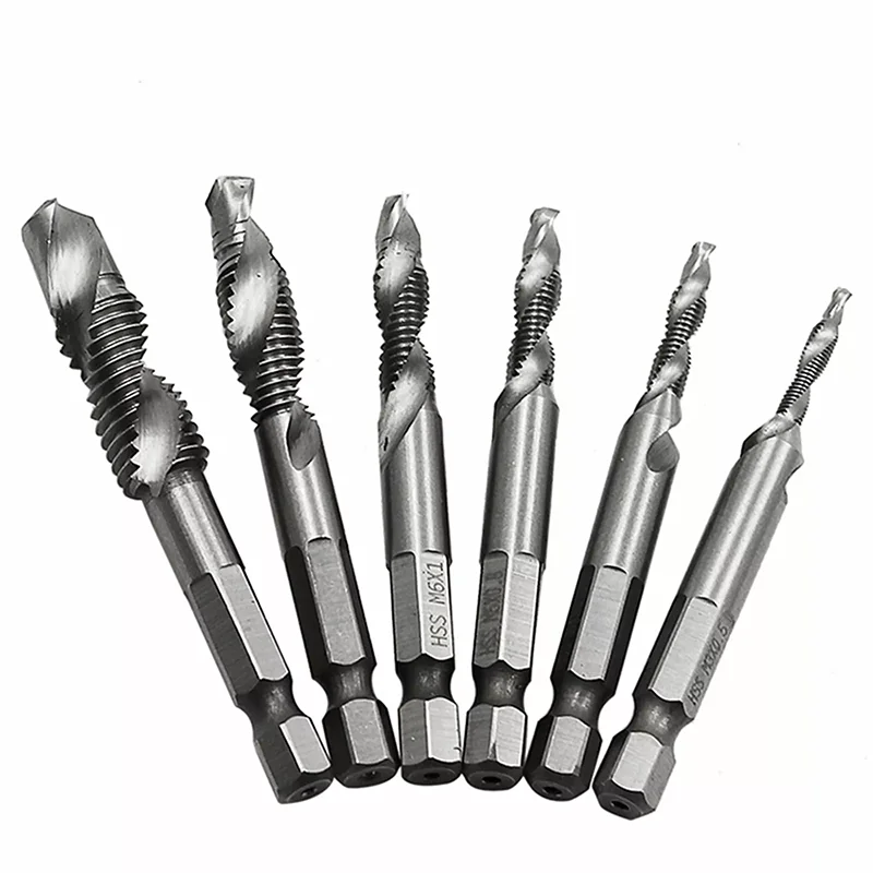 6Pcs Tap Drill Bit Set Hex Shank HSS Screw Thread Bit Machine Compound Tap Hand Tool M3 M4 M5 M6 M8 M10 Metric Thread Drill Bits