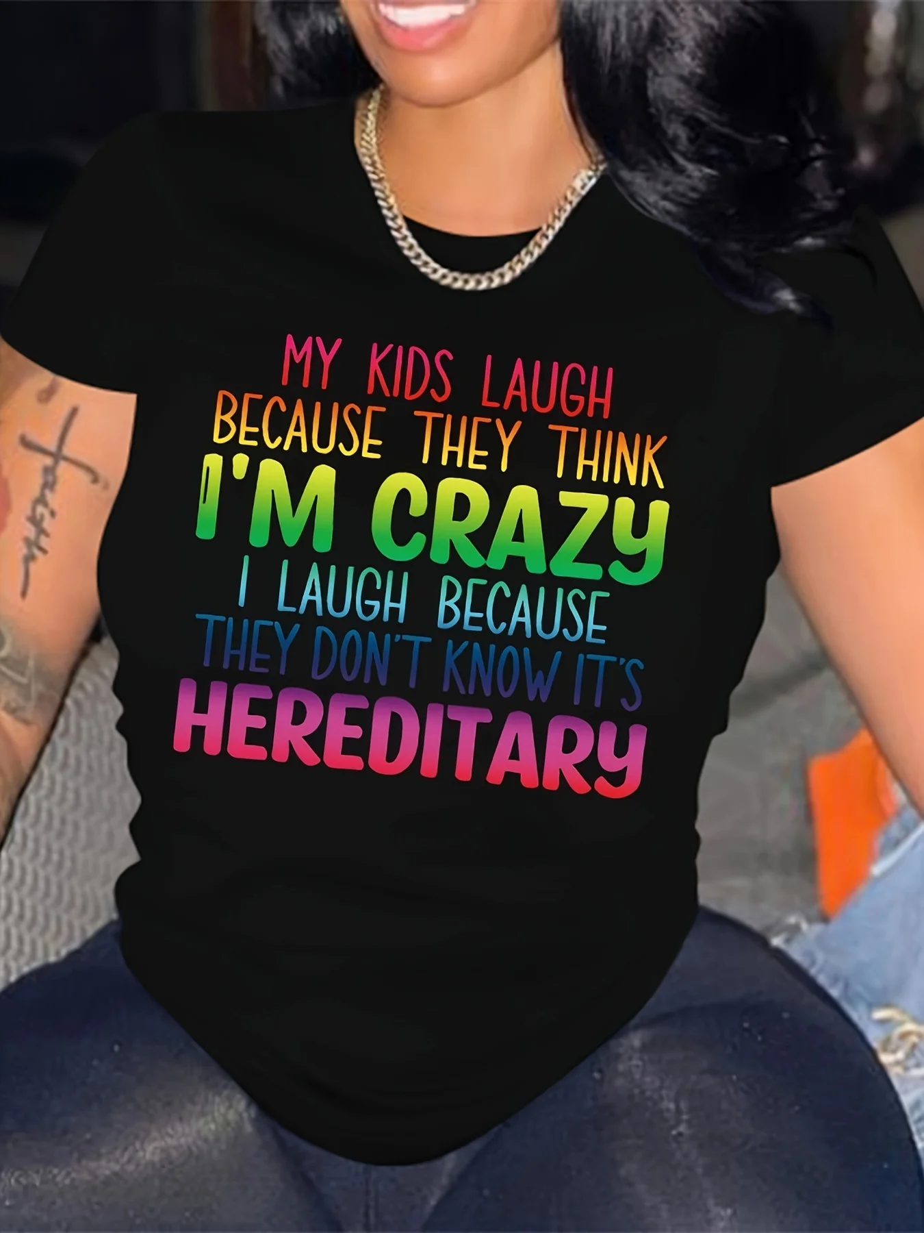 Colorful English letters printed with the I'm CRAZY pattern short sleeved T-shirt fashionable personality and trendy clothing