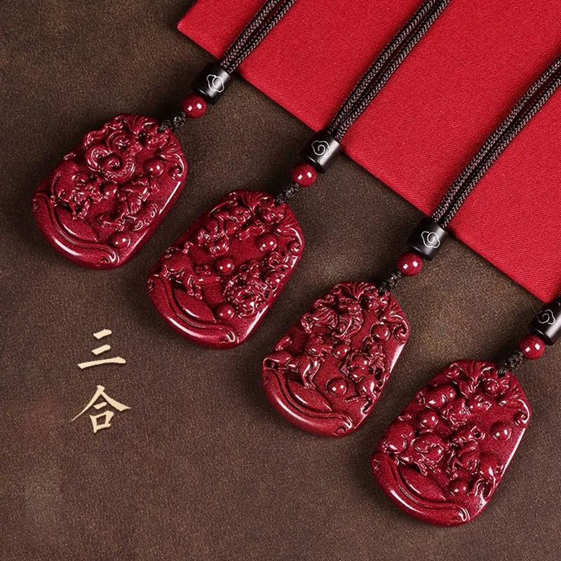 Luxuriöse Rote Zinnober Chinesische Tierkreiszeichen Drei-Kombinations-Anhänger Halskette Natürlicher Modeschmuck Damen-Accessoires Energie-Geschenke