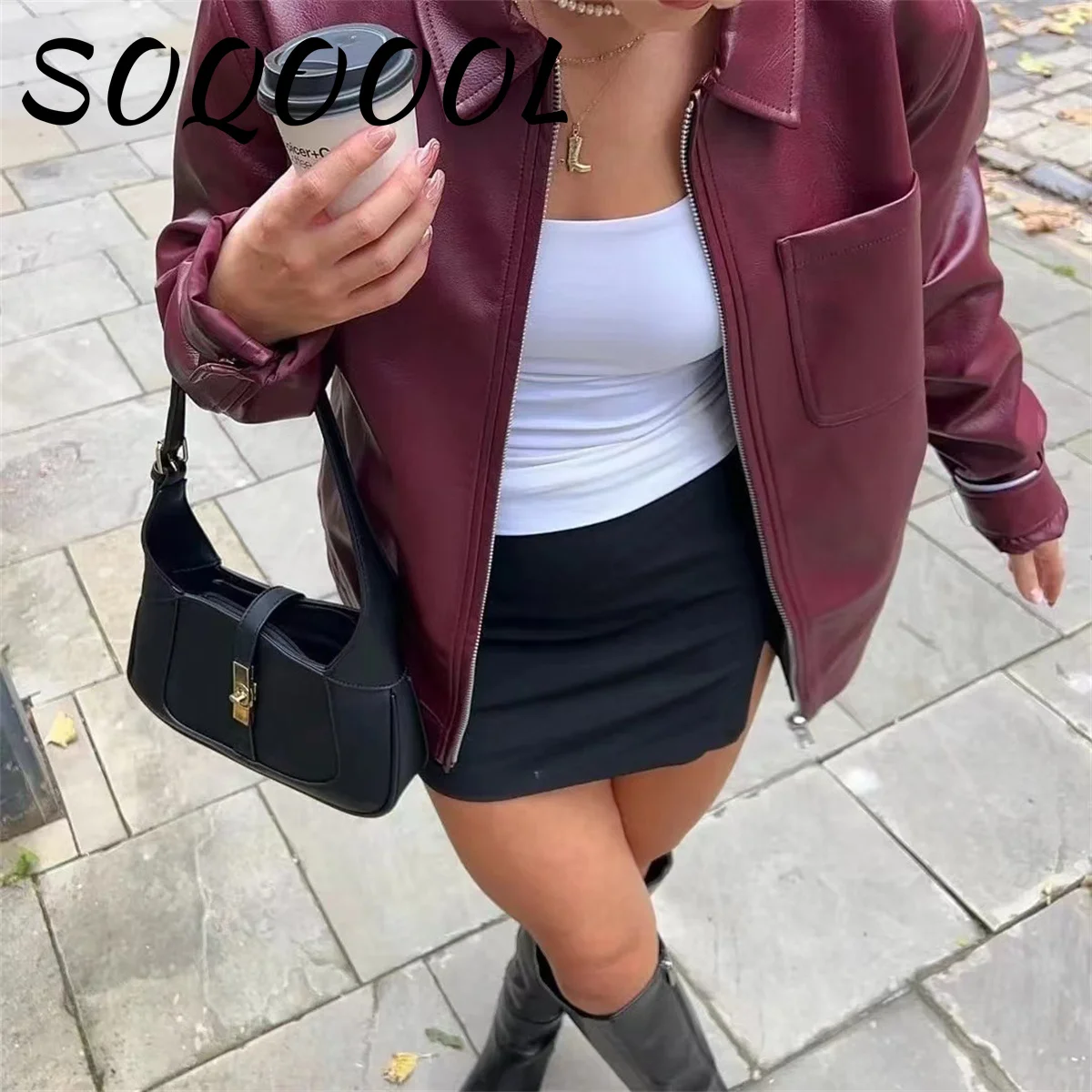 2024 Autumn Women Fashion New Imitation Leather Jacket Solid Red Loose Short Jackets Woman With Zipper Moto Biker Female Coat