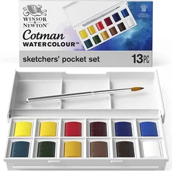 Winsor&Newton Cotman Portable Travel 12 Half Pans Color Solid Watercolor Paint Sketchers'  Palette Watercolor Painting Brush