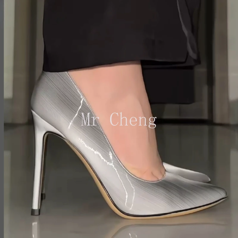 

2025 Grey Pointed Toe Sexy Hiah Heels Luxury Women's Shoes Pumps High Heels Sexy Pointed Toe Evening Dress Shoes Plus Size