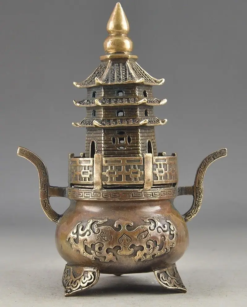 Chinese Copper Handwork carving Buddha tower stupa pagoda incense burner censer