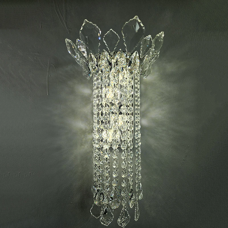 Luxury Modern Chrome Crystal Wall Lamp Flower Crown K9 Clear Crystal Waterfall Wall Sconce Light Fixture For Bedroom Living Room Hallway Staircase Corridor Hotel Indoor Decorative Background Wall Lamp Light