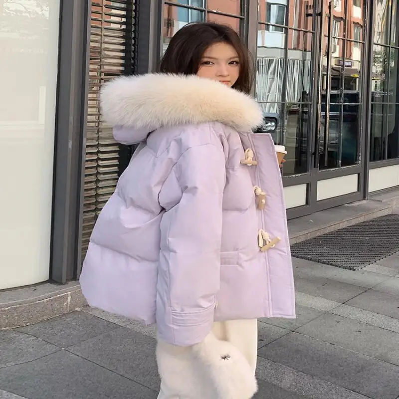 

Down Cotton Jacket Women Winter Horn Button New Korean Style Loose Cotton Coat Fur Collar Thick Padded Puffer Coat Outerwear