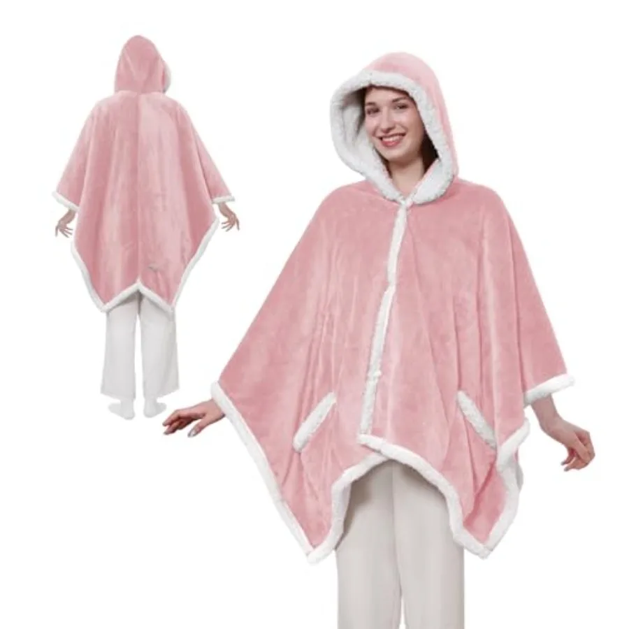 

Heated Throw Wearable Shawl Wrap with Pockets Reversible Flannel to Sherpa Electric Blanket Hoodie Poncho with 6 Heating Levels
