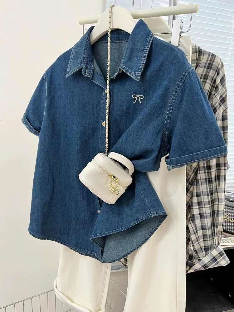 

Women's Short Sleeve Denim Shirt Sweet Bow Embroidered Loose Top Summer Turn Down Collar Single-breasted Thin Jackets