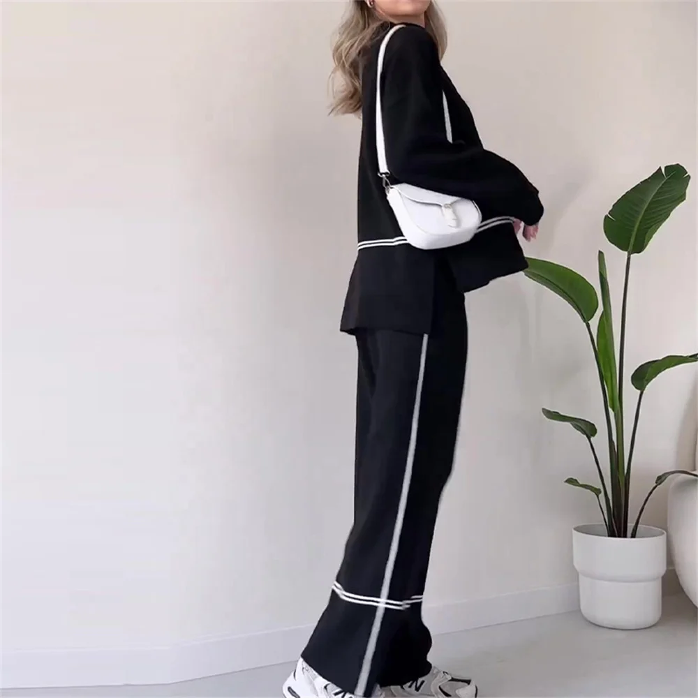 Women Knit Pullover Sweater Long Pants Suit Elegant O-Neck Long Sleeve  Side Slit Tops and Wide Leg Trouser Set Female Homewear