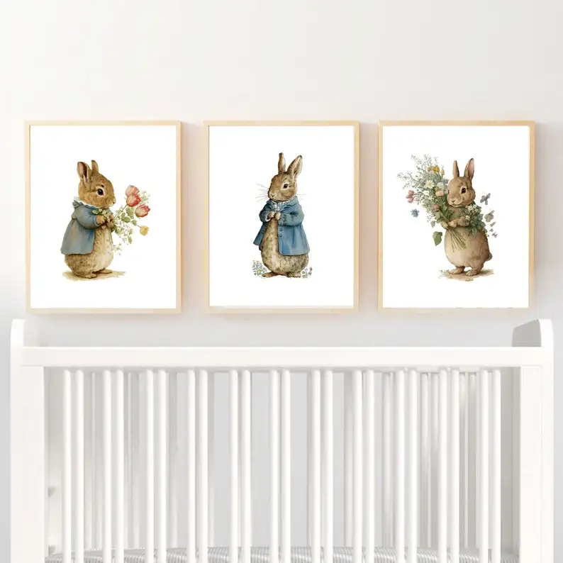 1/3 Stück Kaninchen-Blumen-Aquarell-Version, Leinwanddruck, Osterhase, Tier, Kinderzimmer, Wandkunst, Poster für moderne Frühlingsdekoration