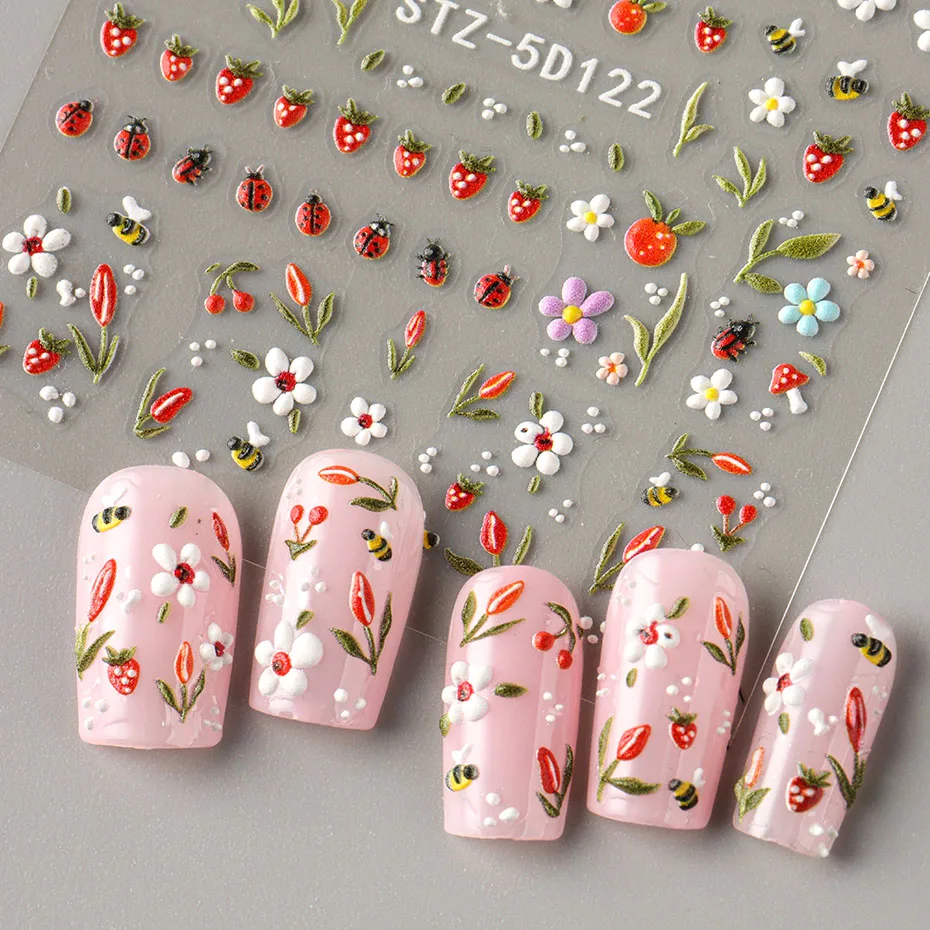 5D carino margherita ape coccinella adesivi per unghie in rilievo floreale cartone animato nail art decalcomanie primavera estate cursori adesivi manicure