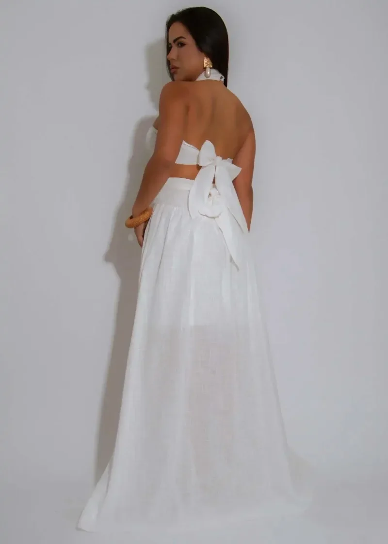 

Elegant Evening 2 Piece Dress Set Woman Sexy Backless Halter Tops and Long Skirt Matching Summer Birthday Party Outfits