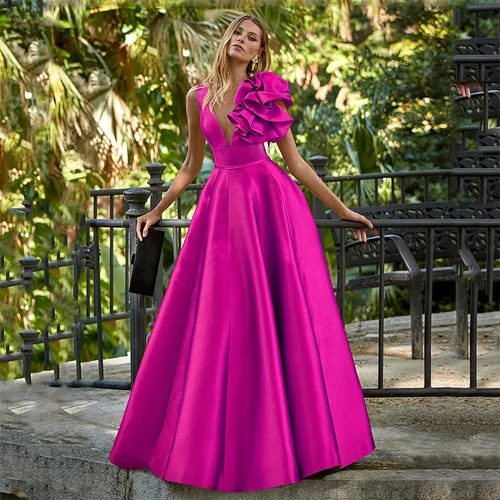 Imagen 1 del producto Vestidos de Noche fucsia, vestidos largos de satén con volantes, línea A, largo hasta el suelo, sin mangas, cuello en V, vestidos formales para fiesta de graduación, vestido de mujer