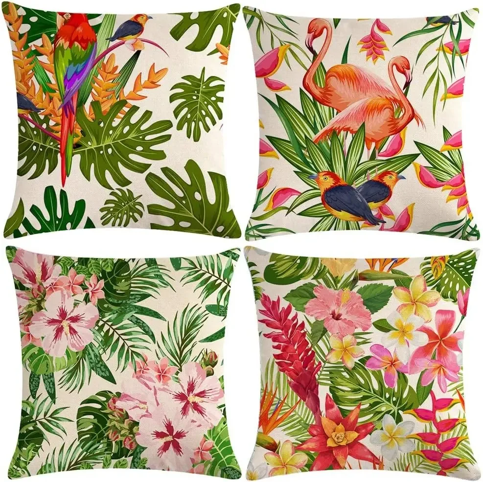 4-Pack Tropical Throw Pillow Covers with Leaves, Flowers, Parrot & Flamingo Bird Pattern - Home Decorative Cushion Covers