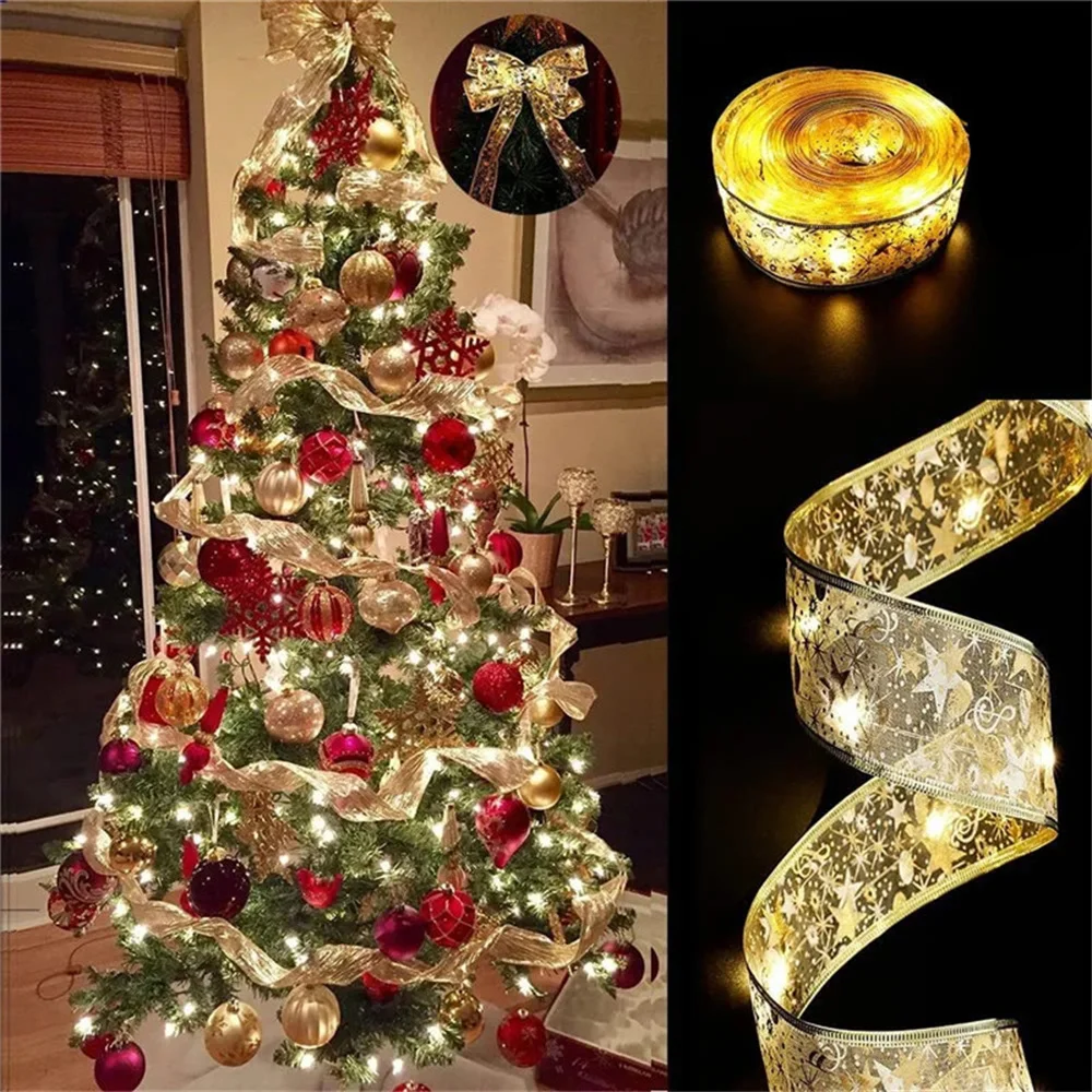 Party Christmas Decoration LED Ribbon Christmas Tree Ornaments Fairy Lights for Home Room DIY Bows Light String Navidad New Year