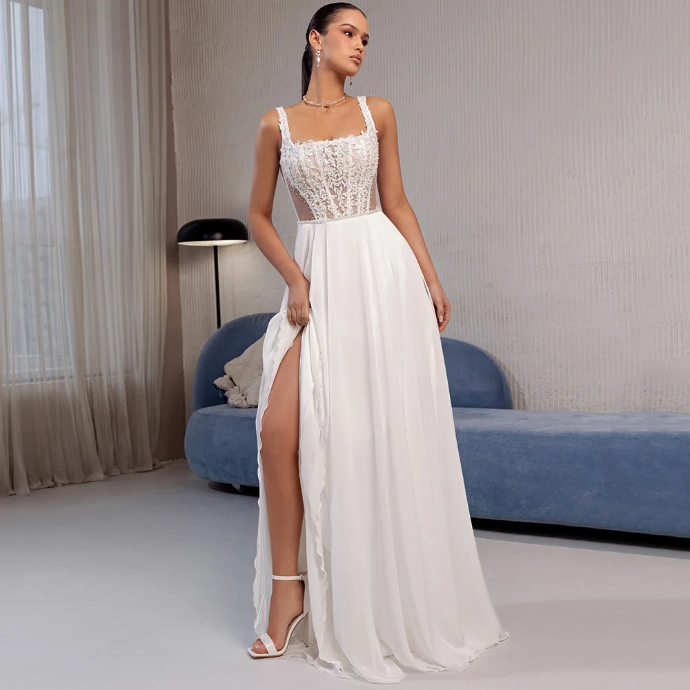 Modern Side Slit Square Collar Wedding Dress with Corset Customized Chiffon Appliques Sequined Sweep Train Backless Bridal Gowns