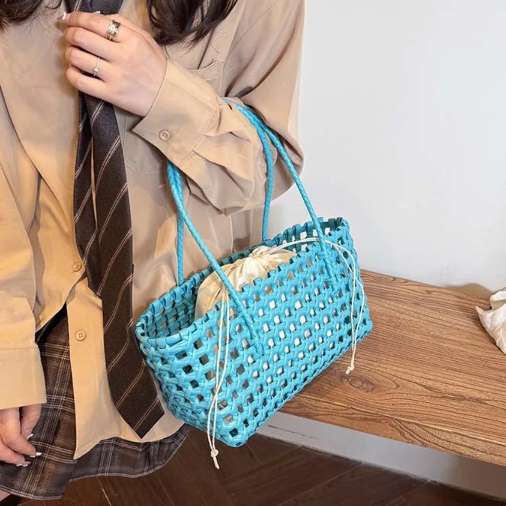 

Lightweight Woven Basket Bag Breathable Vibrant Colors Hollow Out Tote Large Capacity Soft Handle Handmade Handbag Daily Commute