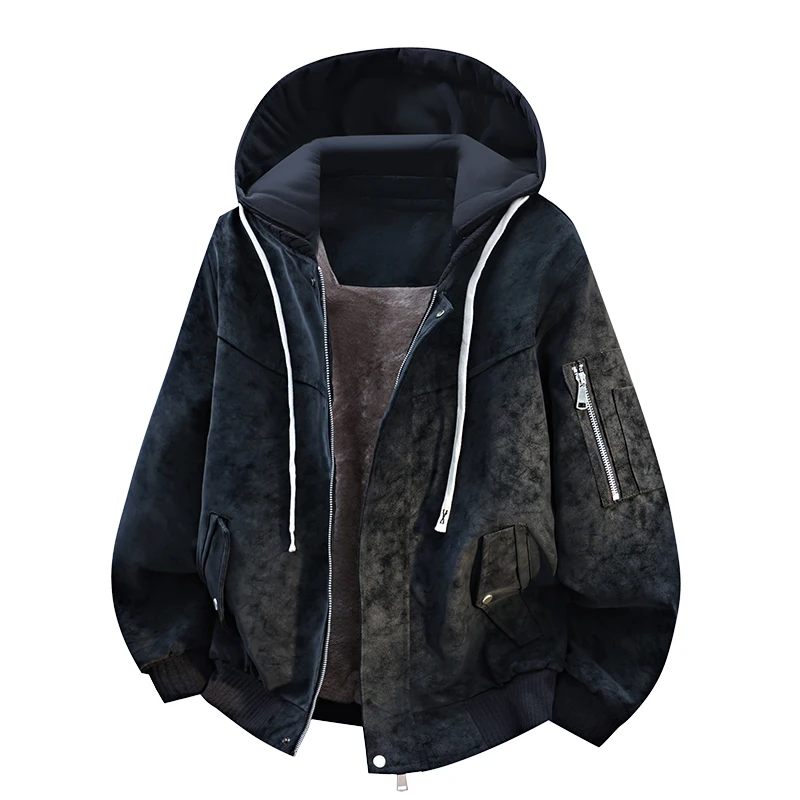 

Solid Color Simple Hooded Fake Two-piece Velvet PU Leather Jacket for Men's Autumn Winter Warm and Fashionable Windproof Jacket