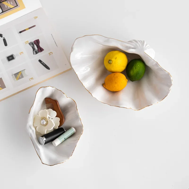 Gold-edged Ceramic Plate Seashell Fruit Bowl Mussel Candy Box Desktop Storage Container Jewelry Tray Home Decoration Ornament