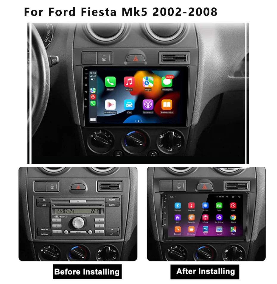 2din Android10 Car Radio Multimedia Player Carplay Auto GPS Navigation DSP BT RDS For Ford Fiesta Mk5 2002 2003 2004 2005 -2008