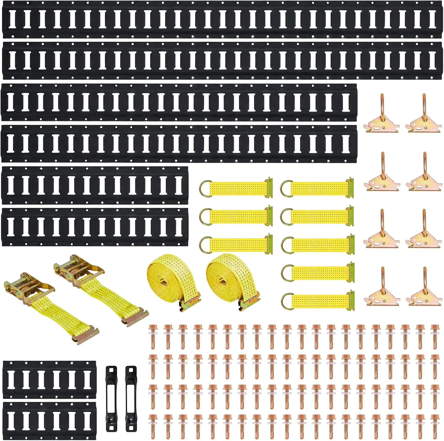 Heavy Duty E Track Tie Down Rail Kit 8 Pack, 5FT Black Steel Rails with O Rings, D Ring Tie-Offs, 2 Straps, Trailer Truck Van