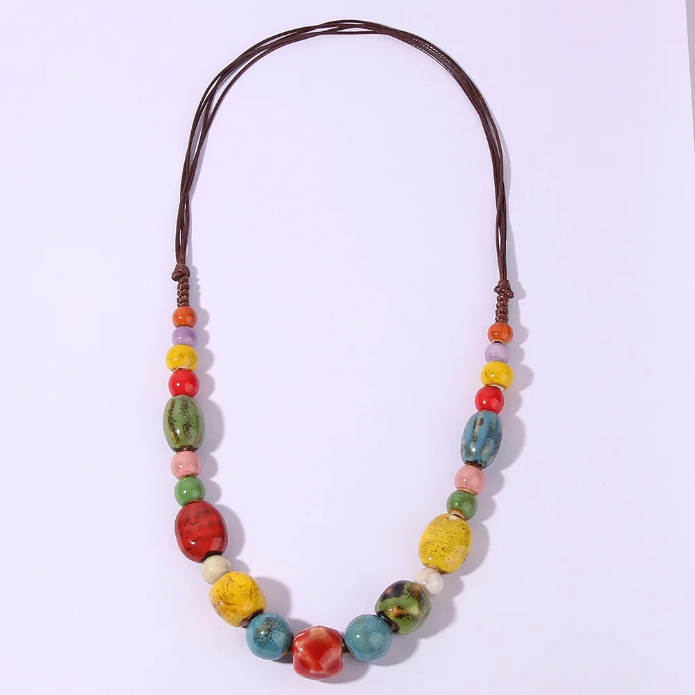 Fashion Ceramics Beads Pendant Ethnic Long Necklace Chain DIY Jewelry Style Vintage Colorful Ceramic Bead Long Necklace