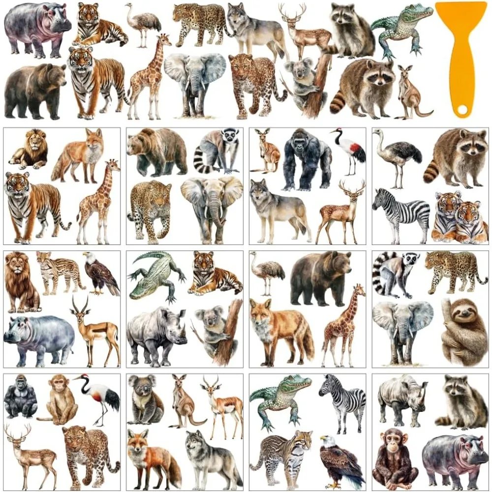 12 Sheets 12 Style PVC Stickers Heat Transfer Film for Window Decoration Animals 140x140mm 1 sheet/style