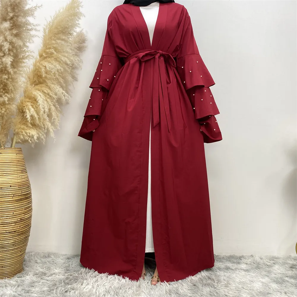 

Hot Selling Open Abaya Women Clothes Flare Sleeve With Pearls Design Muslim Kimono Long Kaftan Islamic Dubai Dresses For Women