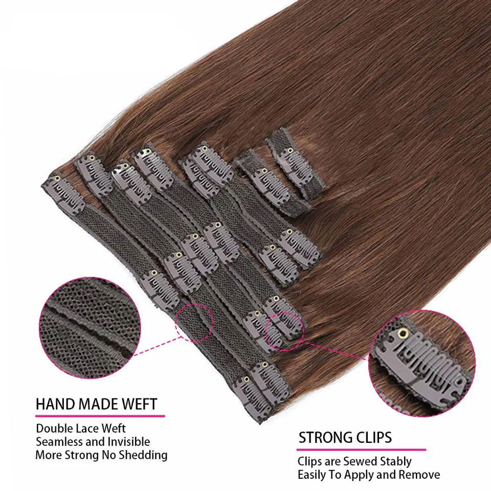 Extensiones con Broche Marrón Chocolate, Cabello Liso Suave, Extensiones de Cabello Humano Real, 8 Piezas con Broches, 120G por Paquete 4