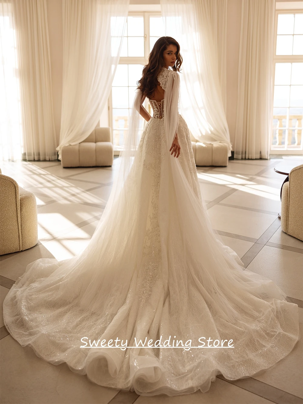 Customized Exquisite Wedding Dress Sparkling Beading Sequined Court Train A Line Strapless Bridal Gown with Tulle Cape