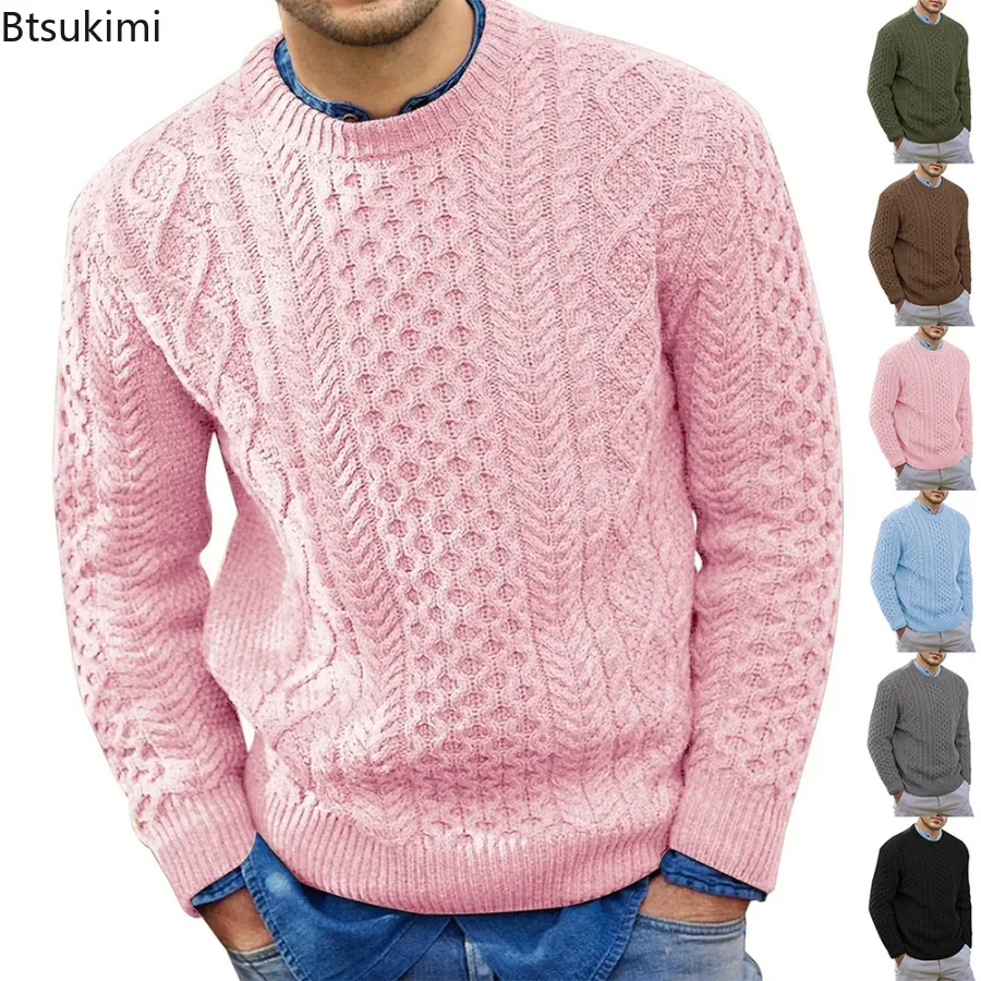 Suéter de punto rosa para hombre, Jersey informal suave y cálido, ropa de moda sólida, Jersey grueso Harajuku, otoño e invierno, nuevo