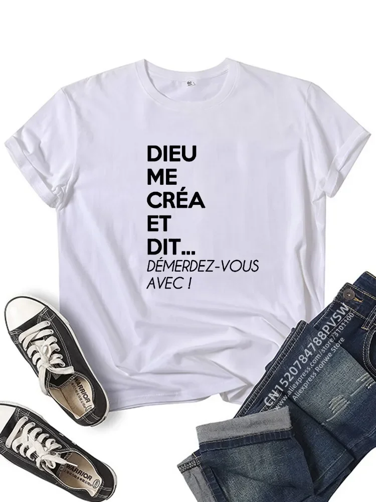 France Letter Dieu Me Créa Et Dit Démerdez-Vous Avec Graphic T-shirt Girl Y2K Harajuku Black Pink Red New Tee Tops