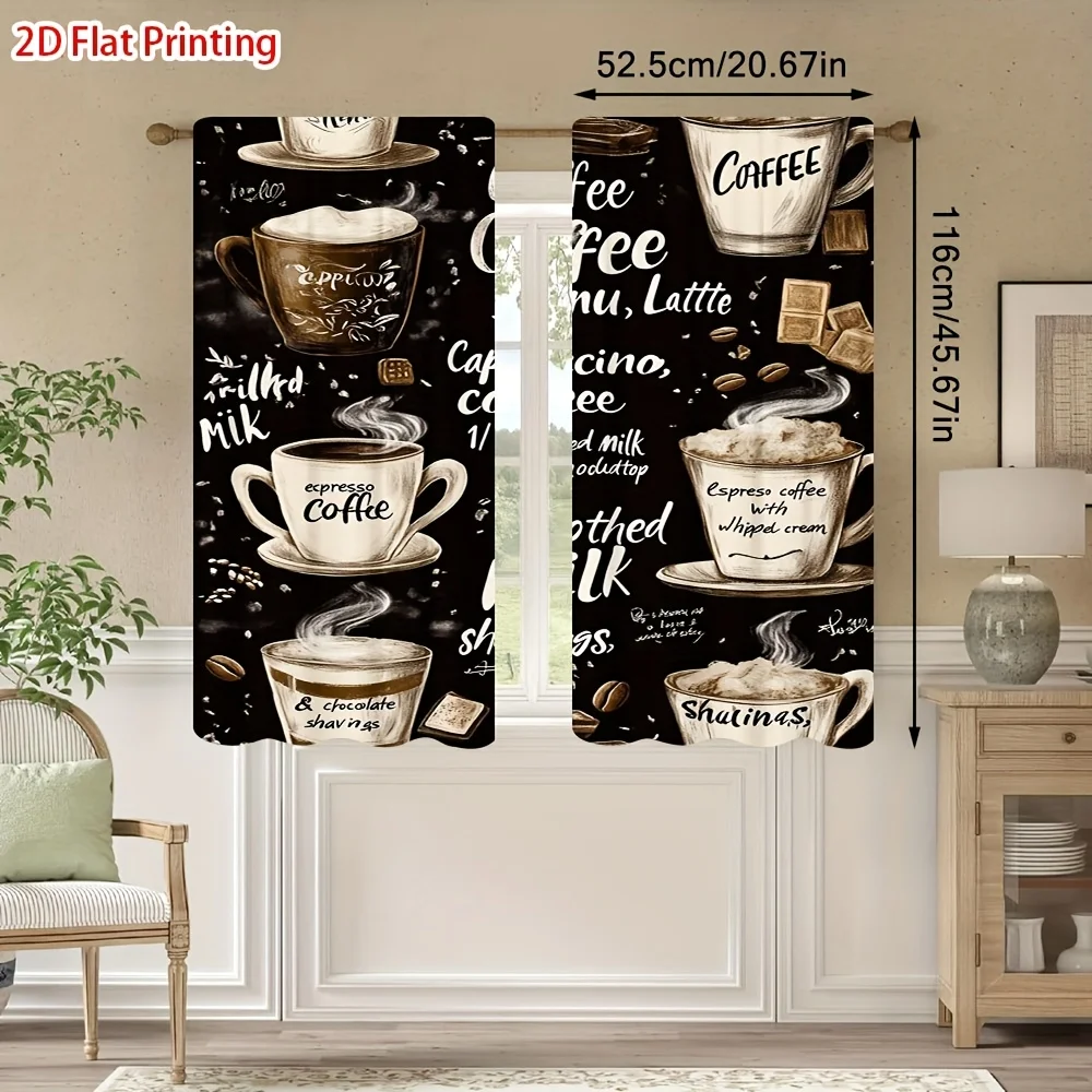 Coffee Sketch Curtain Panels, Retro Coffee Mugs Beans Hand‑write Dark Tone Print Drapes for Cafe‑Style Apartment Kitchen Decor