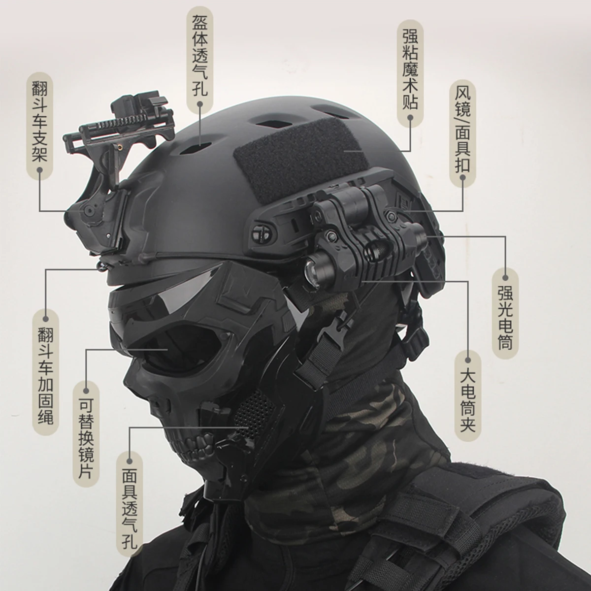 FAST Tactical Helmet Set with Skull Mask & Flashlight Suitable for Hunting Airsoft Paintball CS Games Movie or TV Props, Etc