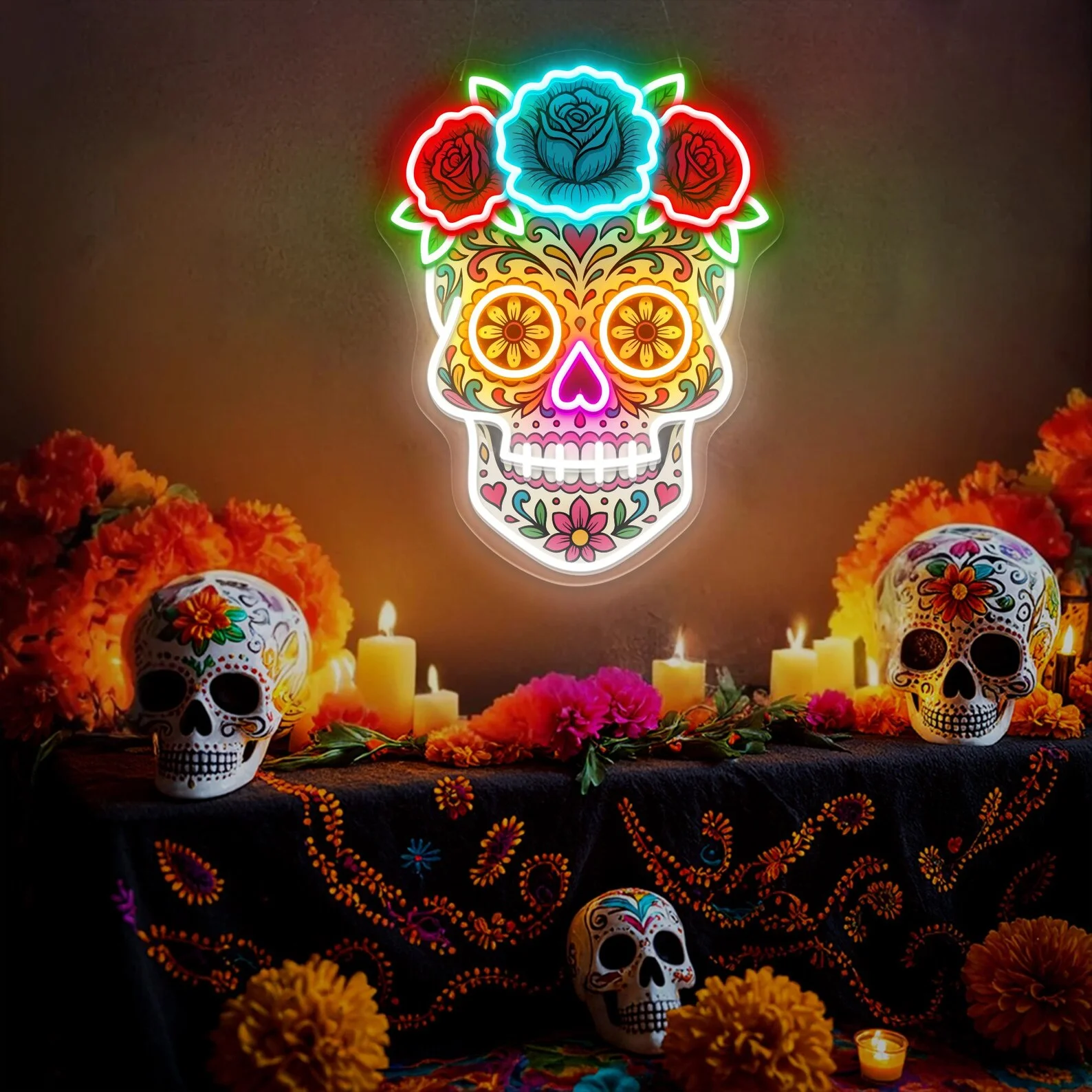 Mexican Sugar Skull Neon Sign Day of the Dead LED Sign Dia de los Muertos Decor Colorful Skull Wall Art Fiesta Party Sign