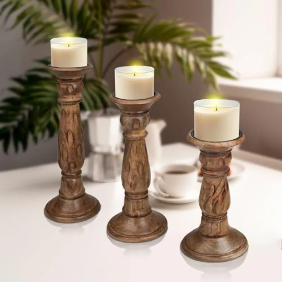 Rustic Wooden Candle Holder Set of 3, Hand-Carved Mango Wood with Elegant Design, Vintage Unique Carving Home Décor Pillar and