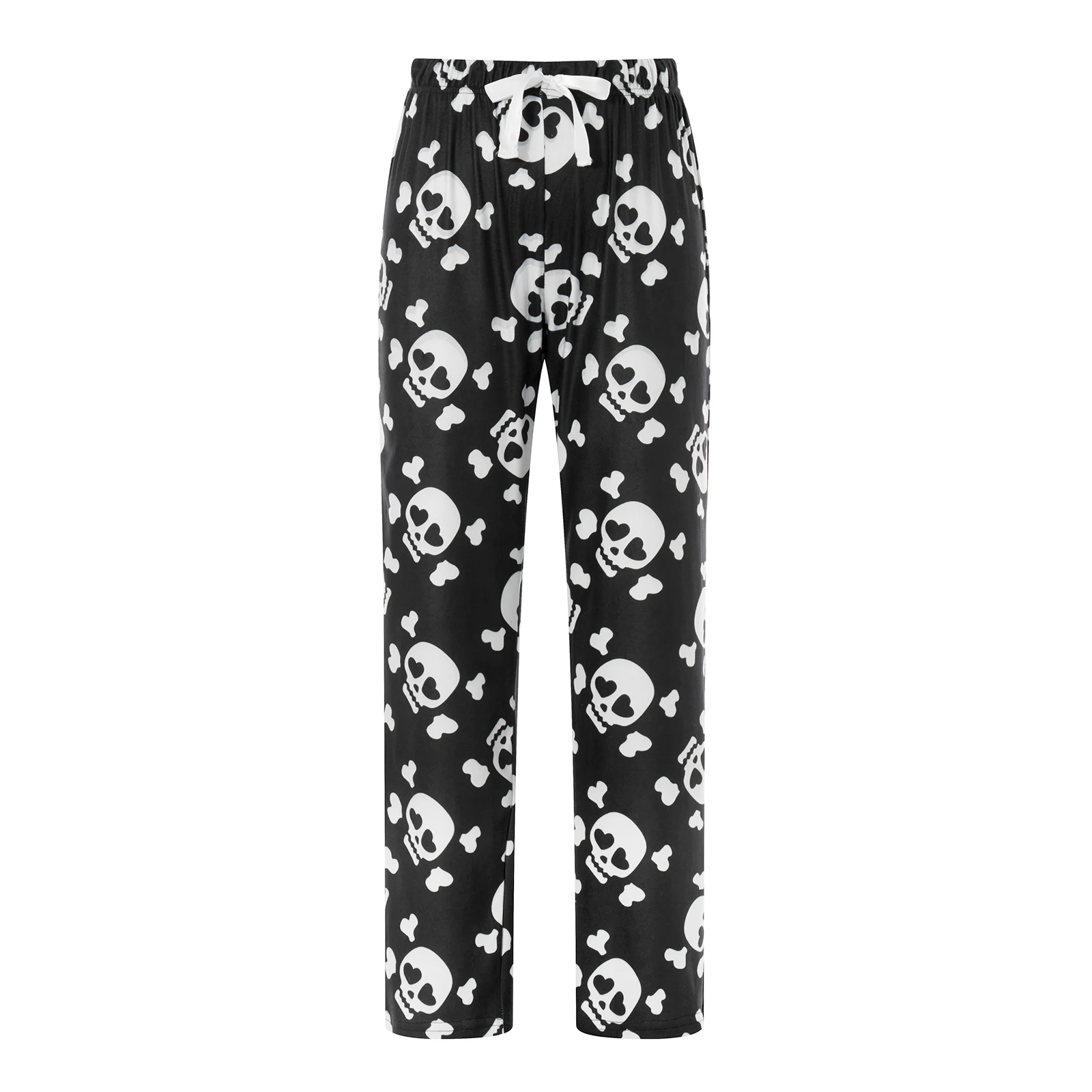 Women\'s Fuzzy Pajama Pants Sleepwear Skull Print Elastic Waist Long Pants Thickened Nightwear Halloween Lounge Bottoms