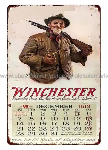 wall deco 1913 Winchester Calendar hunter rifle firearm ammo metal tin sign