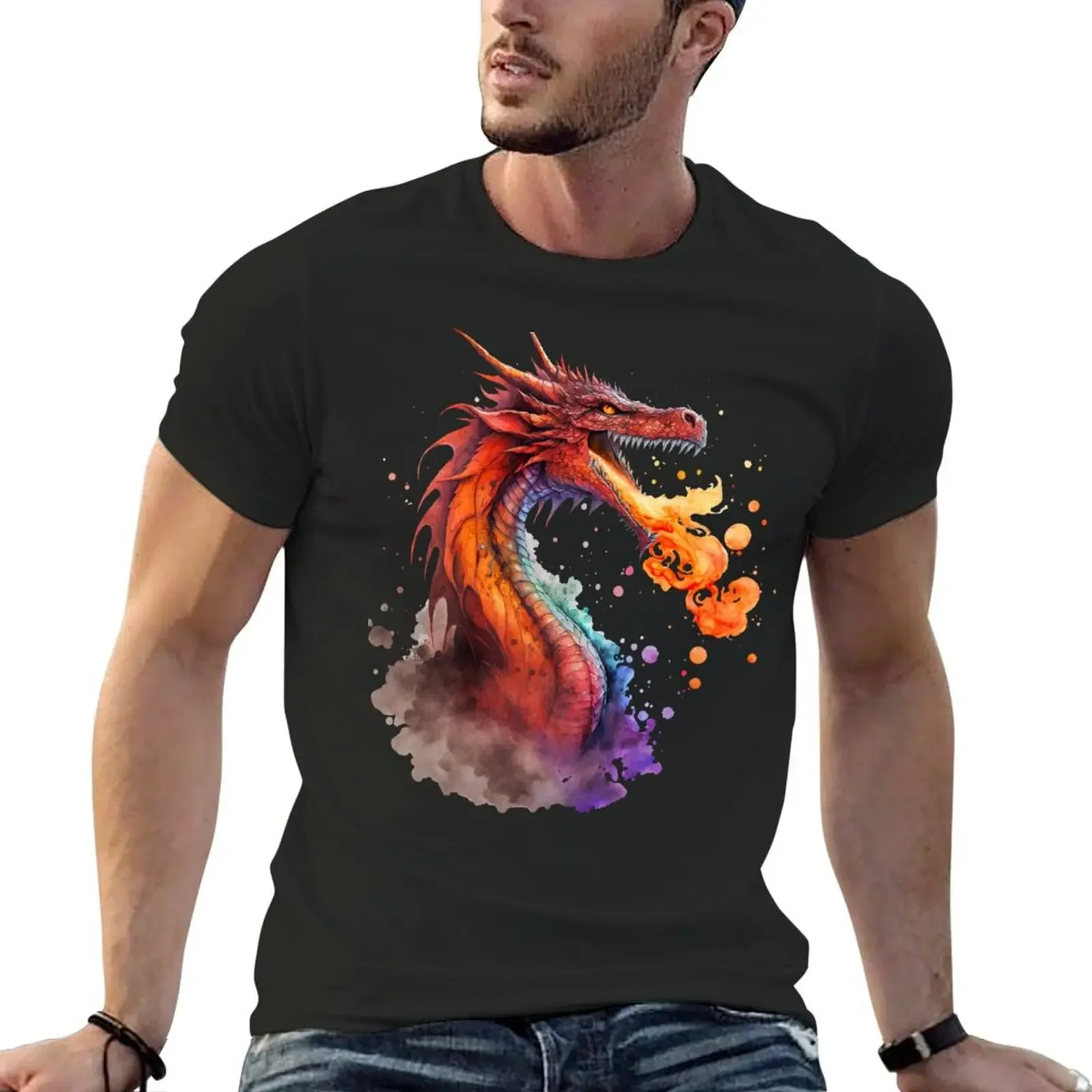 

Fire-breathing Red Dragon in Watercolor T-Shirt oversizeds vintage clothes anime clothes quick drying vintage t shirt men