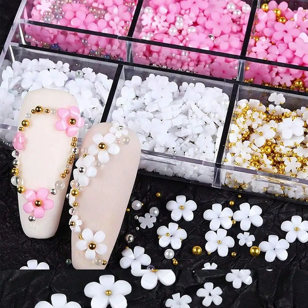 1Box 3D Pink/White Acrylic Flower Nail Charms with Gold&Silver Steel Beads Nail Art Decorations DIY Crafts Manicure Accessories
