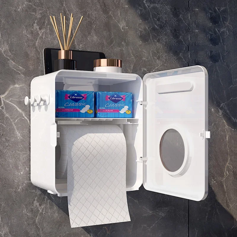 Wall mounted tissue holder multifunctional bathroom storage box drawer roll paper holder storage box paper towel holder