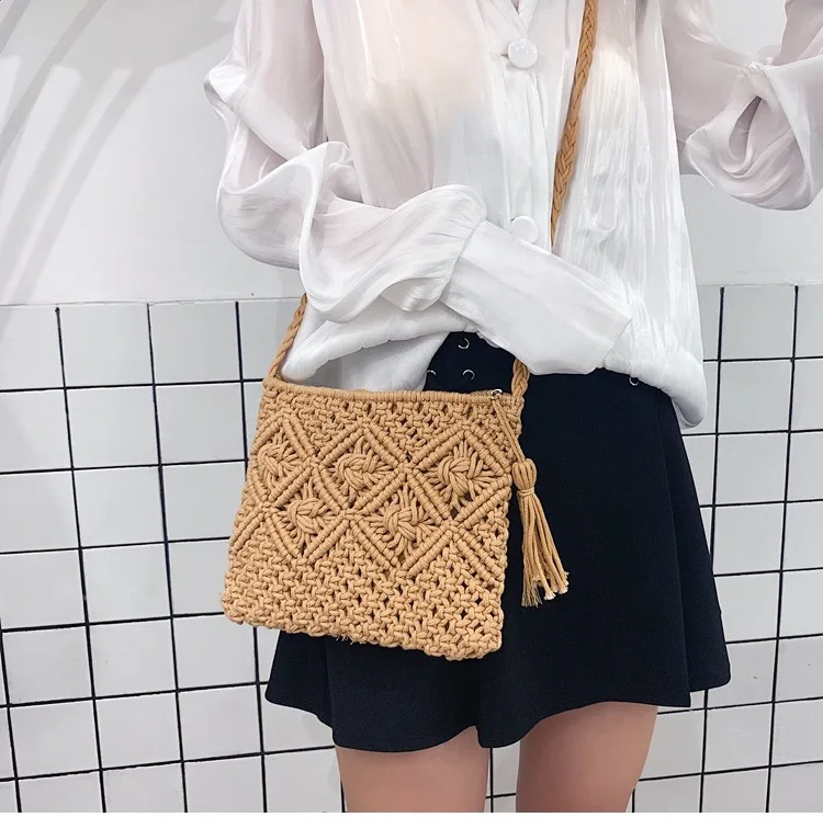 Stro Vrouwen Handtassen Eenvoudige Handgemaakte Touw Vintage Kwastjes Gehaakte Macrame Strandtassen Clutch Portemonnees En Handtassen Dames