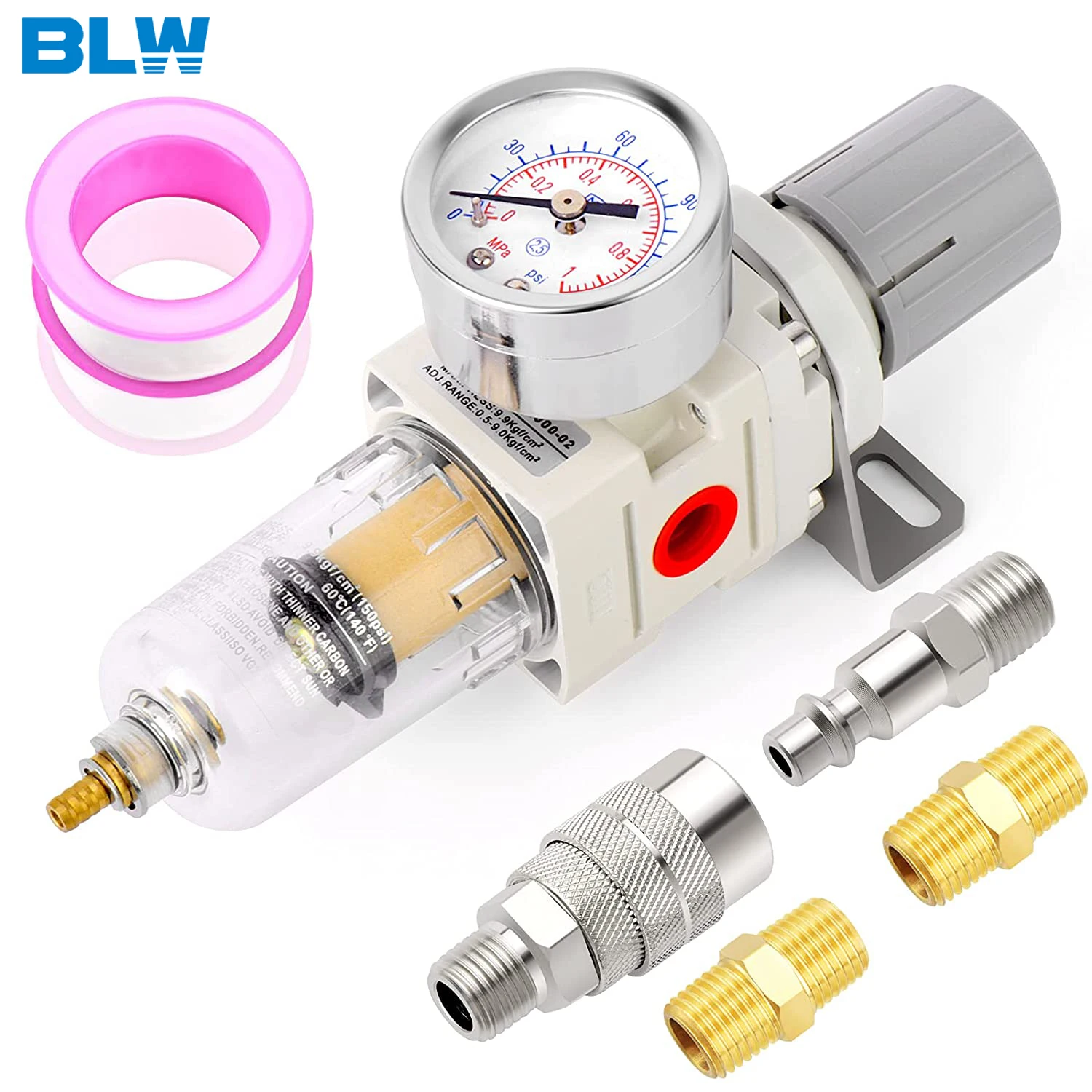 BLW PNEUMATIC 1/4 Inch BSP Air Filter Pressure Regulator Combo Piggyback with Gauge AW2000-02