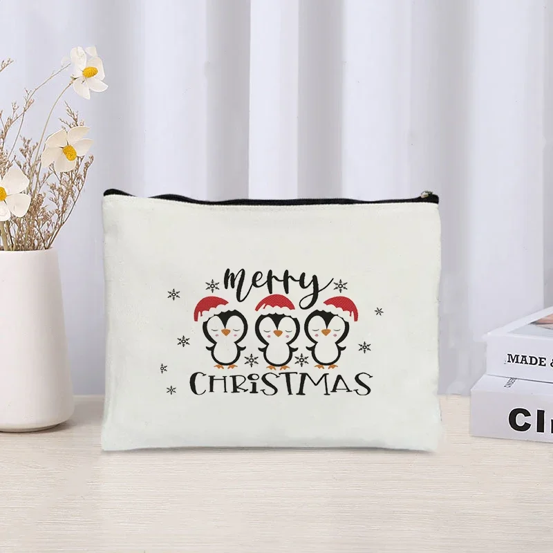 Christmas Penguin Makeup Bag Custom Cosmetics White Pouch Waterproof Cloth Toiletries for Women Girls Friendship Birthday Gifts