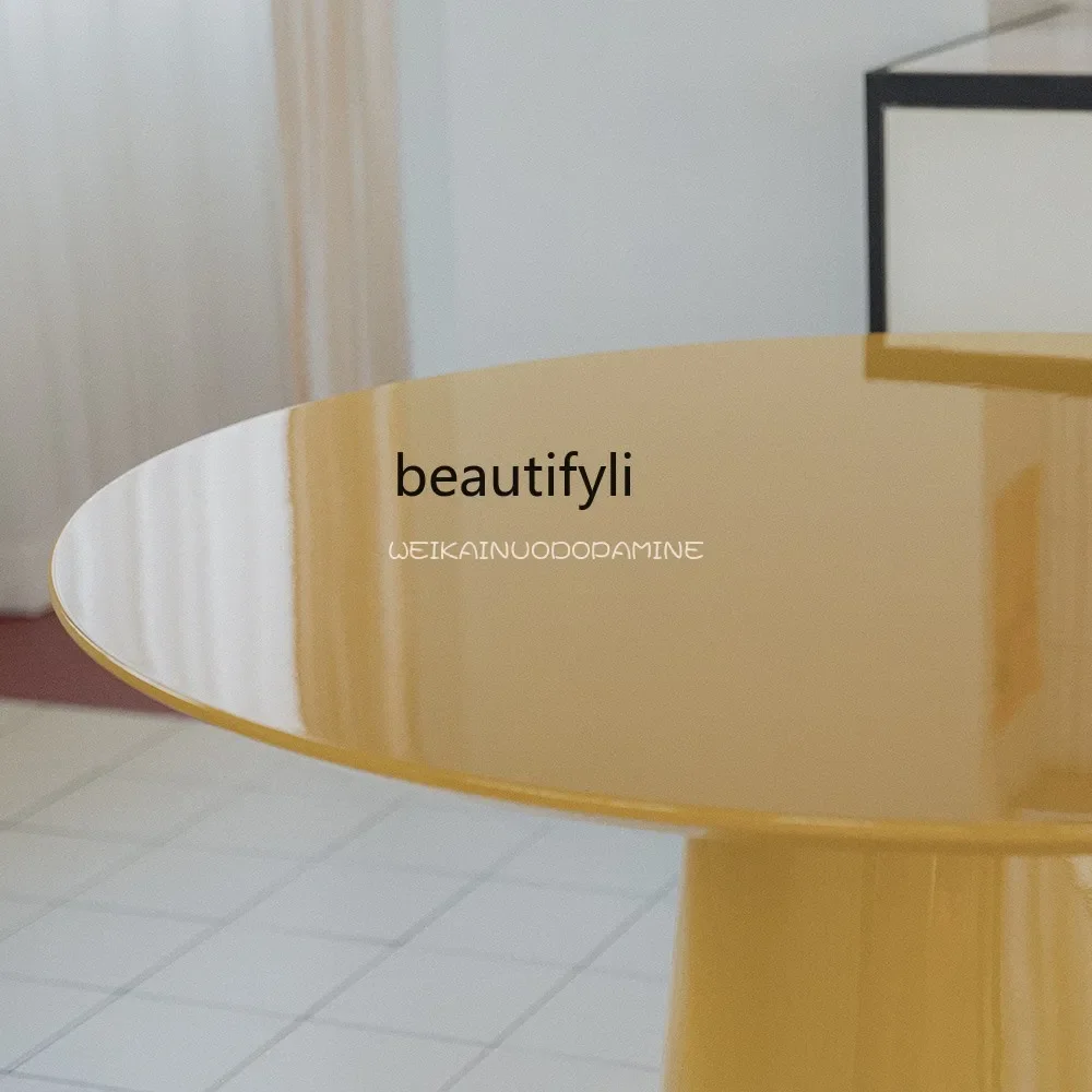 Round Dining Table Solid Wood Yellow Paint Household Round Table Marble Table White Wax Wood